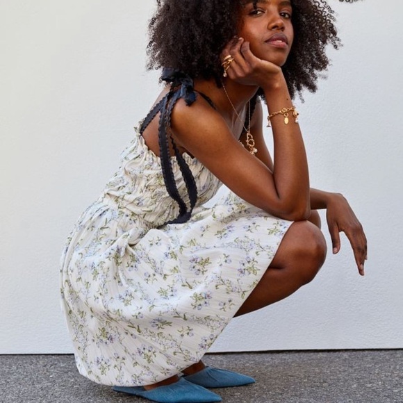 H&M X Brock Collection Tie Strap Smocked Floral Midi Dress NEW - Picture 4 of 12